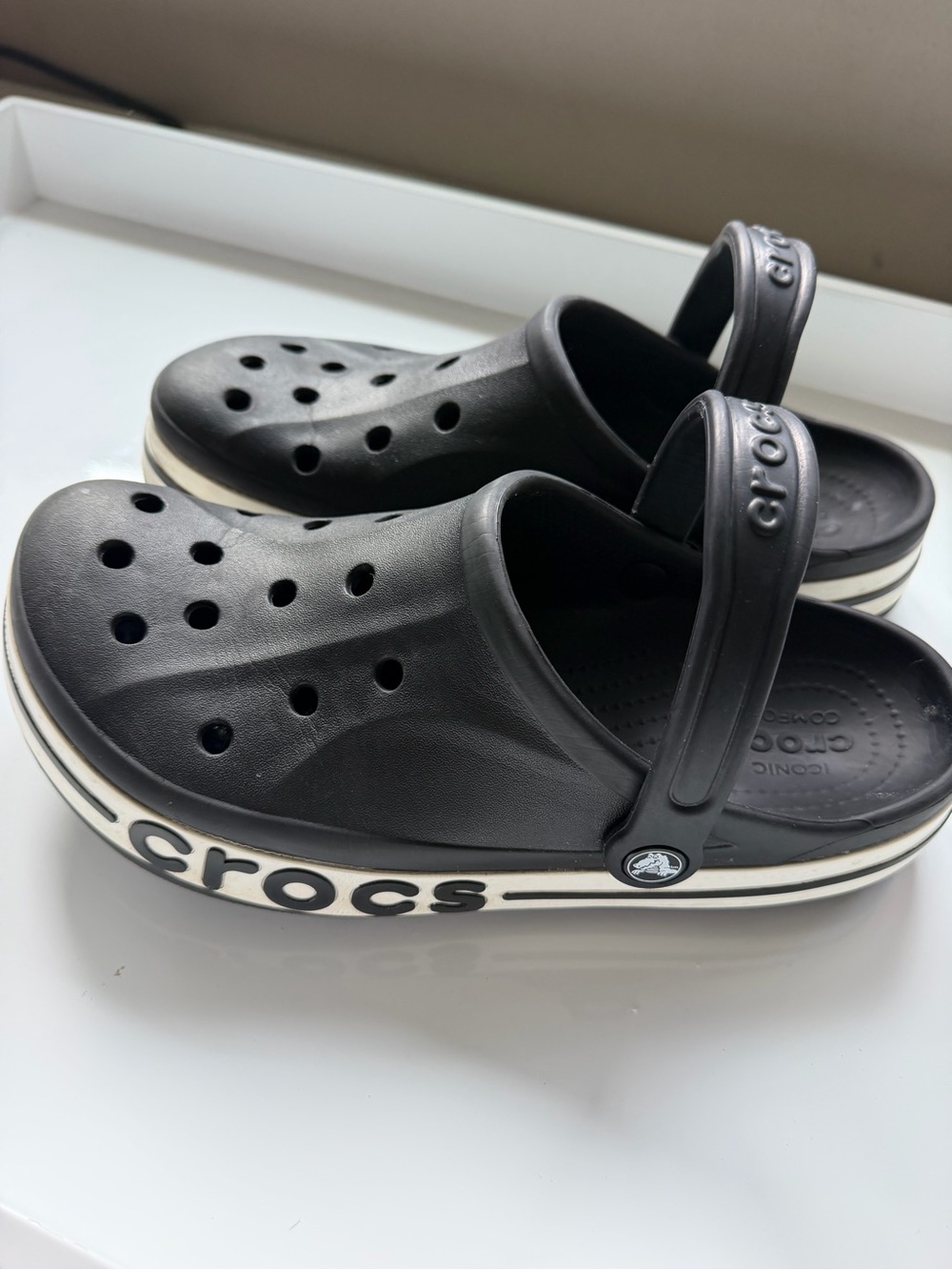 CROCS Unisex Black Clog Sandals with White Trim M9 W11